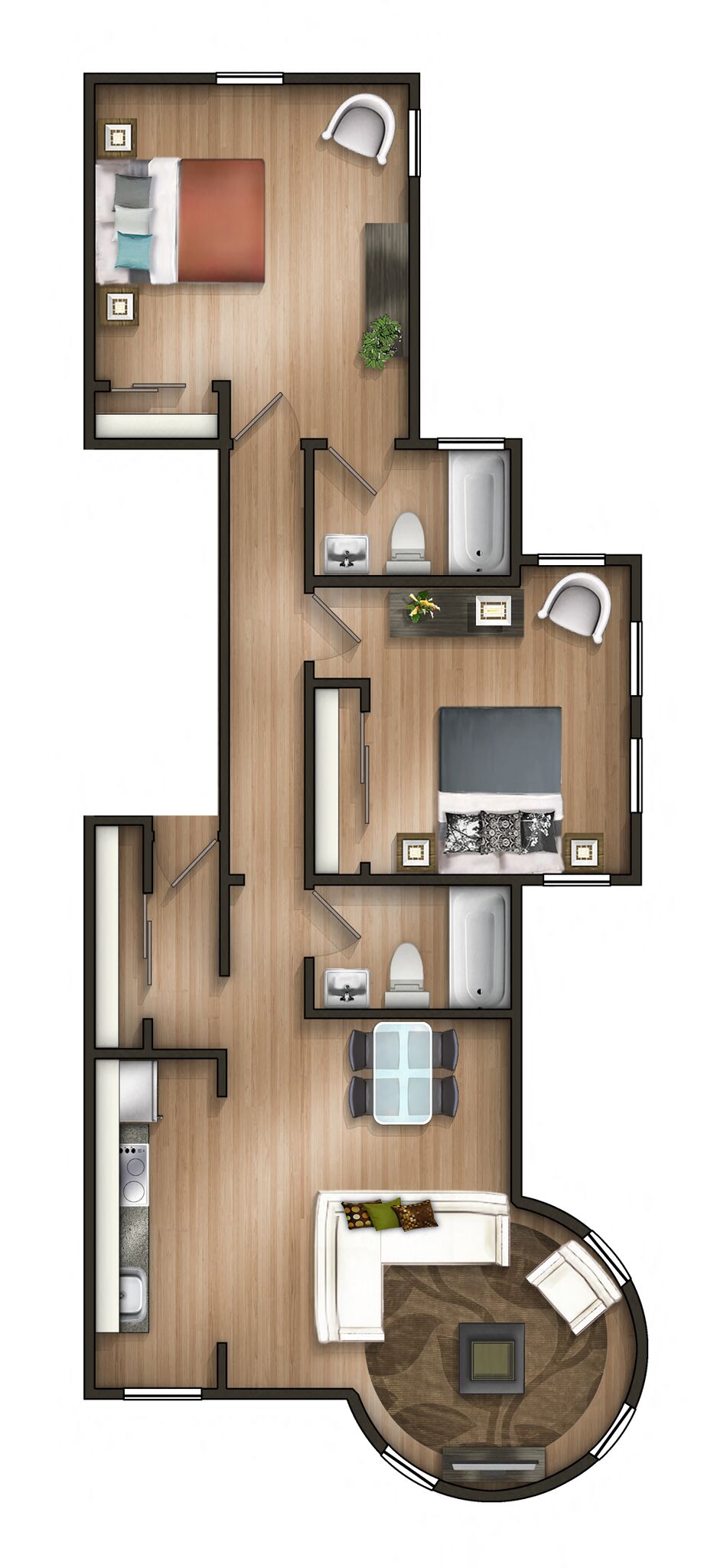 Floor plan for 2 beds, 2 baths, 844 sqft